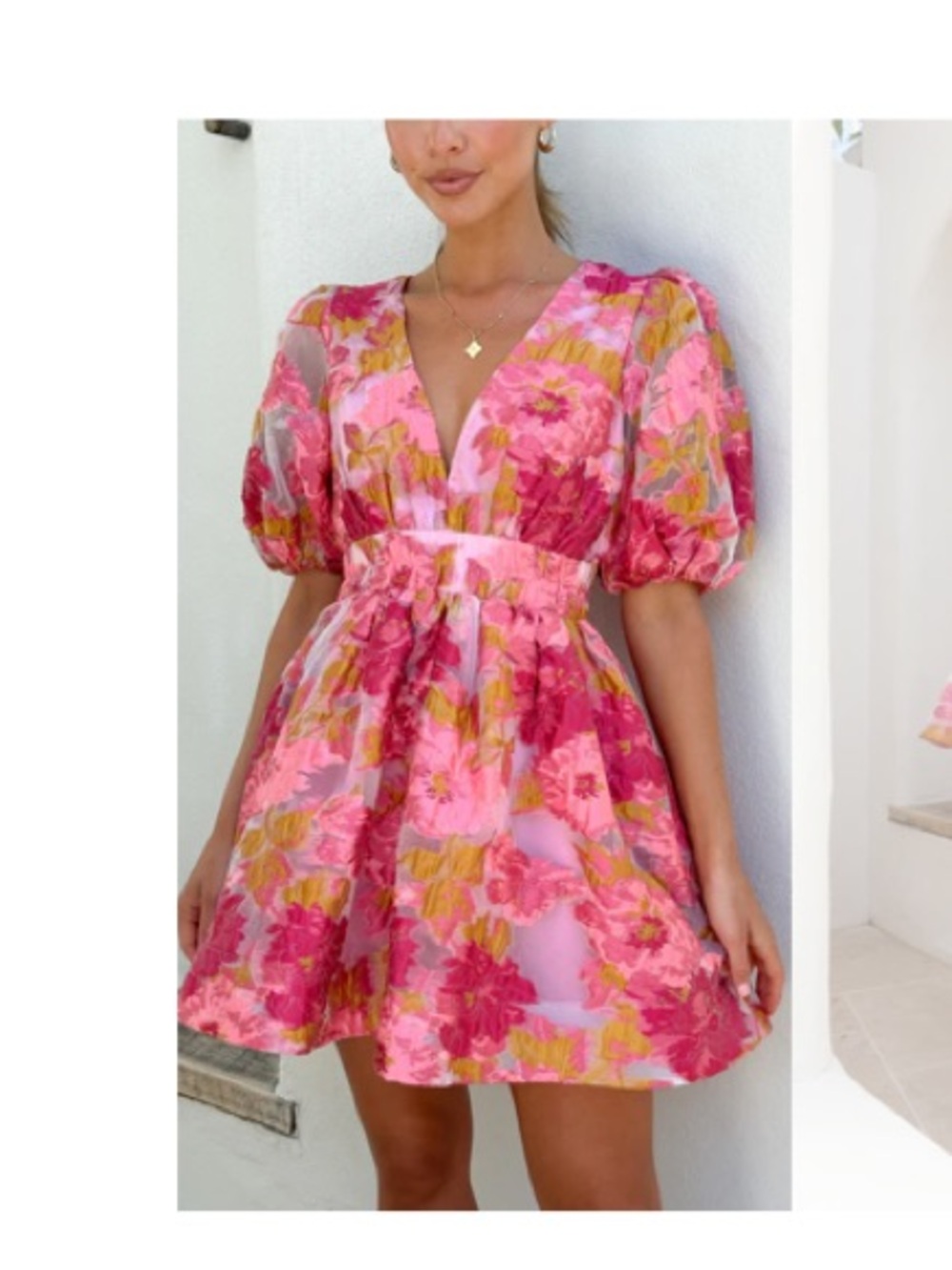 Pink Floral Mini Dress with Puff Sleeves - Picture 4 of 4